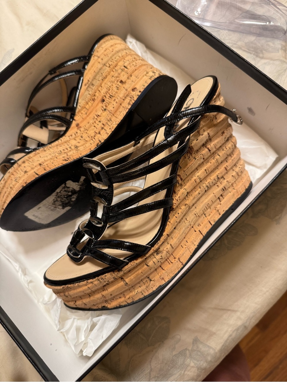 CHANEL Black Patent Leather Strappy Cork Wedge Sandals